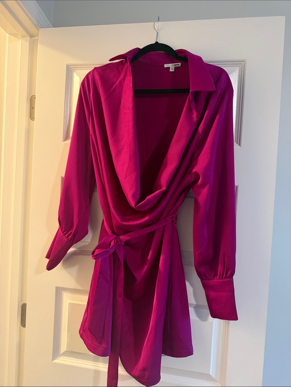 Fashion Nova Hot Pink Satin Cowl Neck Tie-Waist Mini Dress - Picture 2 of 2